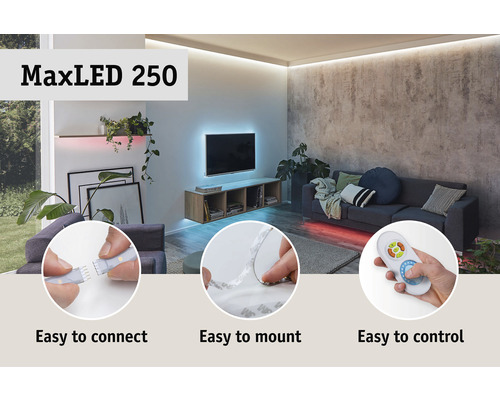 Bande LED MaxLED 250 dans le salon avec connexion, montage et commande faciles par télécommande.