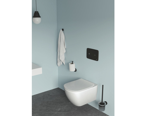 Modernes Badezimmer mit wandhängendem WC, WC-Bürste, Toilettenpapierhalter, Handtuch und Spültaste