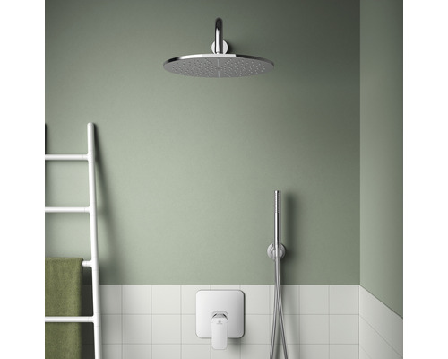 Pomme de douche avec douchette à main et échelle à serviettes dans la salle de bain