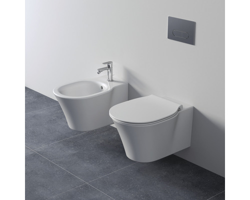 Wandhängendes WC und Bidet mit Betätigungsplatte im Badezimmer