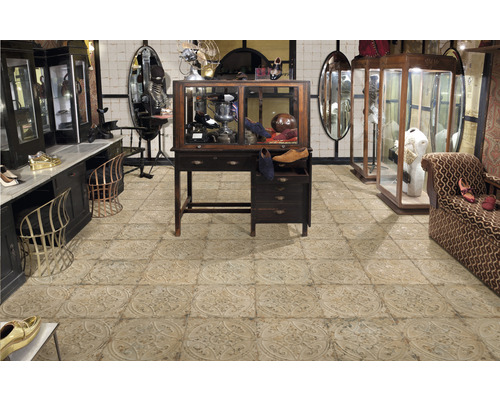 Innenraumansicht eines Schuhgeschäfts mit Fliesenboden, Verkaufstresen und Ausstellungsstücken