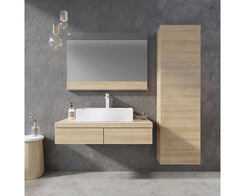 Ensemble de salle de bains moderne avec meuble-lavabo, miroir et armoire haute aspect bois