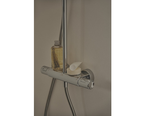 Image d''un mitigeur de douche avec une étagère sur laquelle sont posés un flacon, un tube et un morceau de savon.