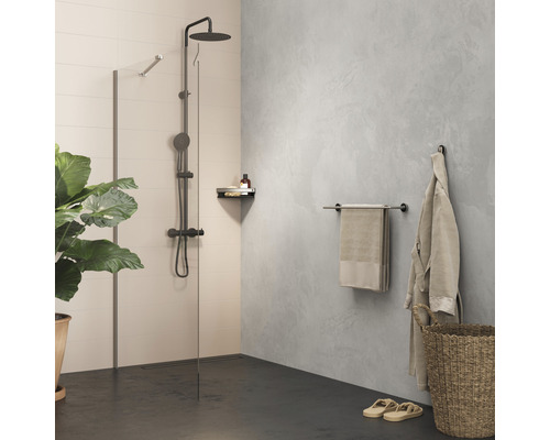 Modernes Badezimmer mit Dusche, Handtuch und Zimmerpflanze für ein helles Ambiente.