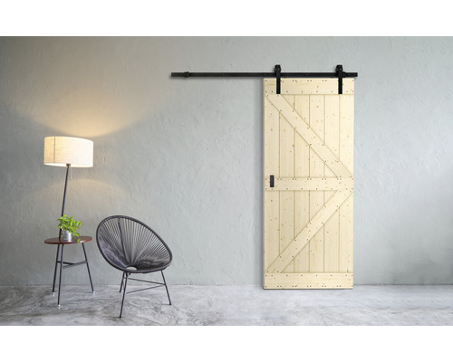 Kit complet pour porte coulissante Barn Door motif Z épicéa 95x210 cm avec vantail, ferrure pour porte coulissante et kit de poignée