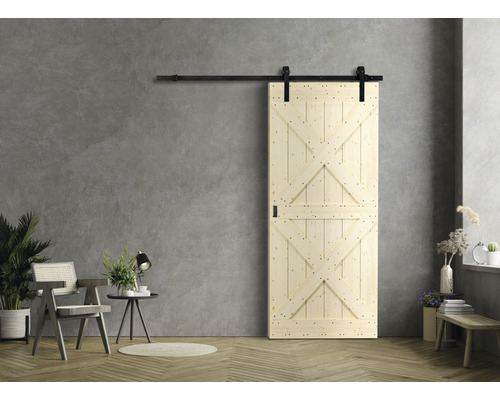 Kit complet pour porte coulissante Barn Door motif X épicéa 95x210 cm avec vantail, ferrure pour porte coulissante et kit de poignée