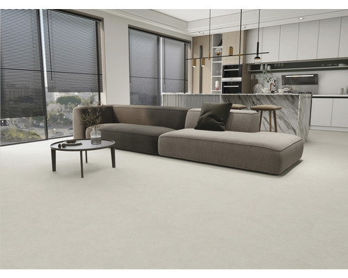 Salon moderne avec canapé, table basse et stores de fenêtre