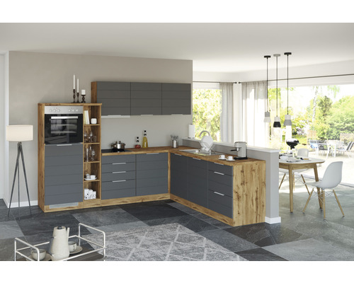 Cuisine moderne avec des armoires grises et un décor en bois