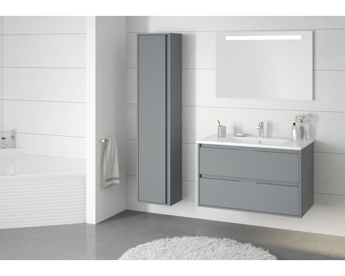 Salle de bains moderne avec meuble sous-lavabo, armoire de toilette et armoire haute