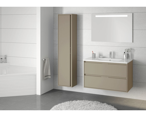 Salle de bains moderne avec meuble sous-vasque, armoire de toilette et armoire haute