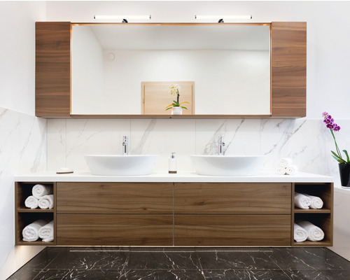 Salle de bain moderne avec double vasque, miroir et meuble sous-vasque en bois