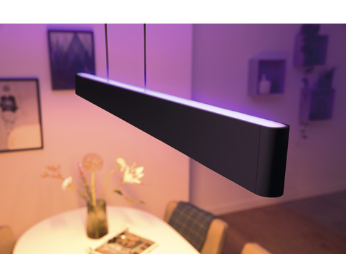 Lampe suspendue rectangulaire au-dessus d''une table à manger avec des fleurs et de la décoration
