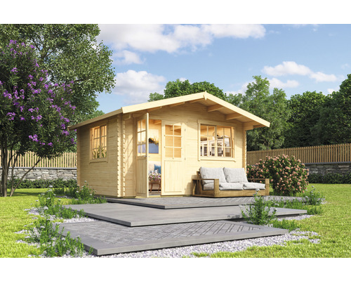 Gartenhaus Outdoor Life Norderney 2 inkl. Fussboden 444,6 x 390 cm natur Holzgartenhaus mit Terrasse und Sitzgelegenheit in einem Garten