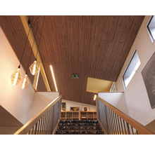 Photo intérieure d''une cage d''escalier avec plafond en bois, suspensions et fenêtres