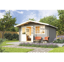 Graues Gartenhaus mit geöffneter Doppeltür auf einer Terrasse mit Garten