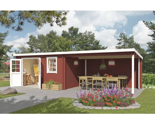 Abri de jardin Outdoor Life Reno avec toit en appentis et paroi arrière 760 x 275 cm rouge de falun