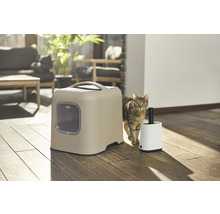 Katze neben einer Katzenstreu-Box und einer Schaufelgarnitur