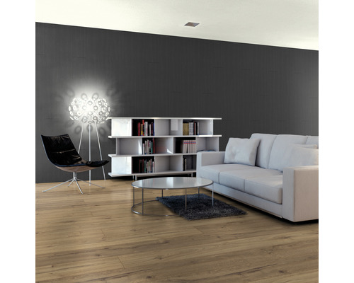 Salon avec canapé, étagère et sol stratifié