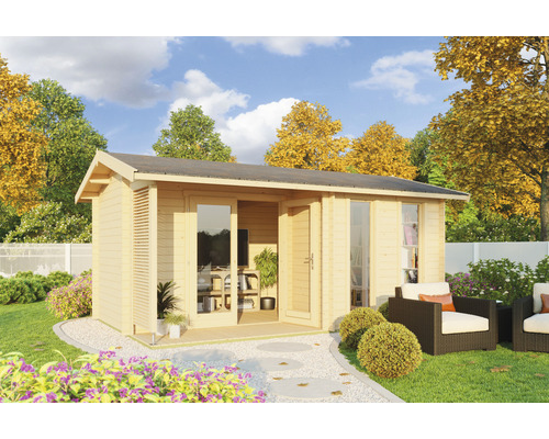 Abri de jardin Outdoor Life Riverside avec plancher 540 x 357,1 cm nature Cabane de jardin en bois de couleur claire avec fenêtres et double porte sur pelouse
