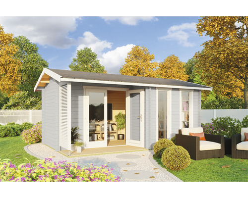 Gartenhaus Outdoor Life Riverside inkl. Fussboden 540 x 357,1 cm lichtgrau Garten mit modernem Gartenhaus aus Holz, Terrasse mit Sitzgelegenheit