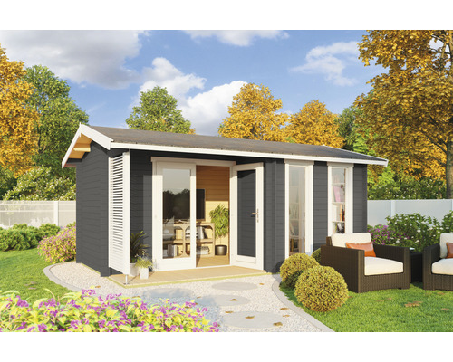 Gartenhaus Outdoor Life Riverside inkl. Fussboden 540 x 357,1 cm carbongrau Graues Gartenhaus aus Holz mit Terrasse im Garten