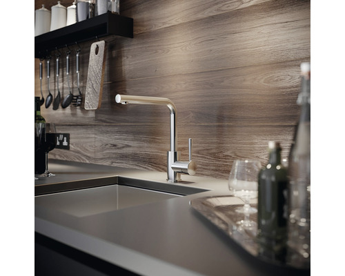 Scène de cuisine avec robinet d''évier, évier et mur en bois