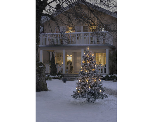 Winterszene mit beleuchtetem Weihnachtsbaum vor einem Haus