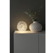 Dekorative Kugel-Tischleuchte neben einer Vase mit Pflanzen auf einem Schrank
