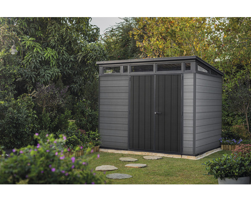 Gartenhaus KETER Cortina 9x7 inkl. Fussboden 279 x 218 cm grau Holzoptik Gartenschuppen im Garten mit Doppeltür und Oberlichtern.
