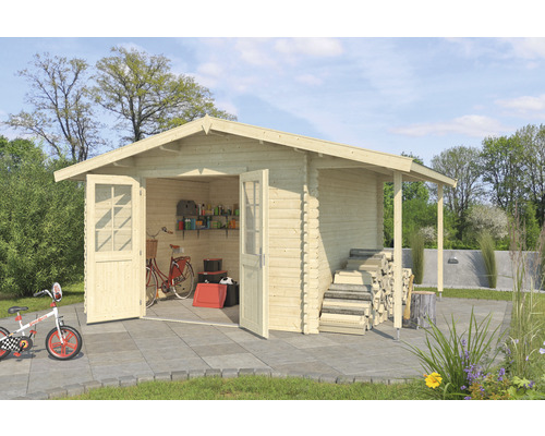 Abri de jardin Outdoor Life Tulsa avec extension de toit 428,2 x 352 cm nature Abri de jardin avec vélos, étagères et pile de bois dans le jardin