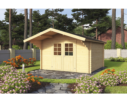 Abri de jardin Outdoor Life Viljandi 34 avec auvent 339,7 x 445 cm nature Abri de jardin en bois avec double porte et toit à deux pentes dans le jardin