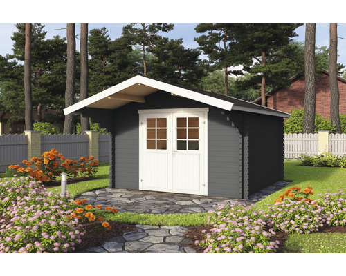 Abri de jardin Outdoor Life Viljandi 34 avec auvent 339,7 x 445 cm gris carbone Abri de jardin en bois avec double porte dans un jardin