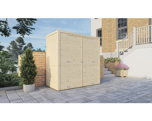 Armoire de jardin en bois avec double porte devant une maison