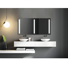Salle de bain avec lavabos, miroir avec éclairage et serviettes