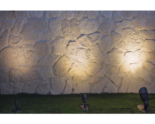 Mur de pierre avec éclairage extérieur dans le jardin.