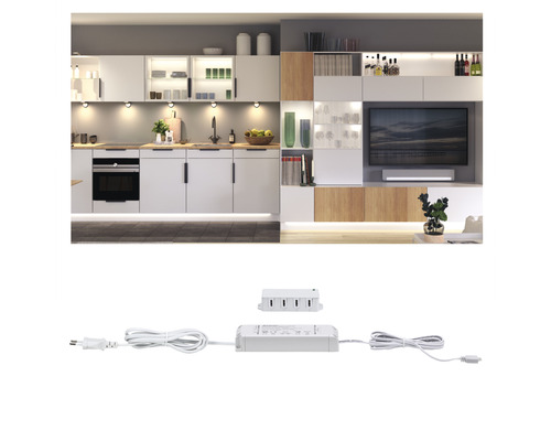 Cuisine et salon modernes avec un luminaire sous meuble LED et un transformateur LED