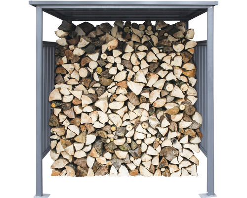 Abri à bois en métal rempli de bûches