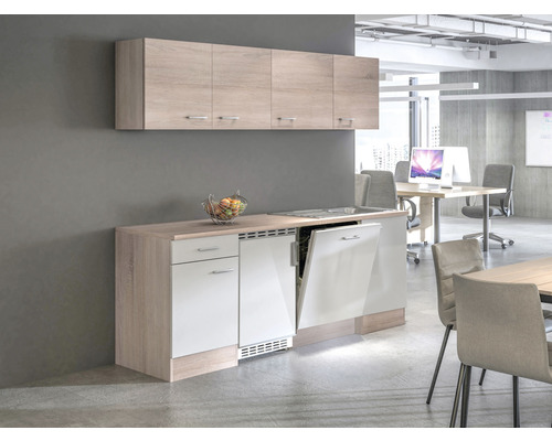 Cuisine linéaire avec évier, lave-vaisselle et armoires suspendues dans un bureau lumineux et moderne