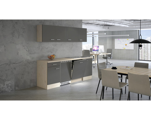 Cuisine de bureau avec lave-vaisselle, plaque de cuisson et éléments hauts dans un bureau moderne