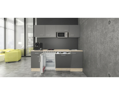 Cuisine complète avec appareils Flex Well Tiago 210 cm couleur de façade gris basalte - couleur du corps chêne clair san remo 00011959