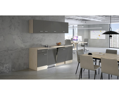 Cuisine de bureau avec lave-vaisselle, plaque de cuisson et éléments hauts dans un environnement de bureau