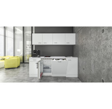 Kompakte Pantryküche mit Kühlschrank, Geschirrspüler, Kochfeld und Spüle in einem modernen Wohnraum.