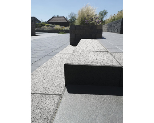 Espace extérieur avec pavés et jardinières surélevées