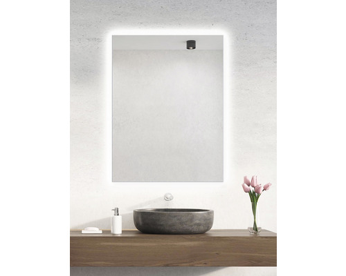 Salle de bains avec miroir lumineux, lavabo et bouquet de fleurs