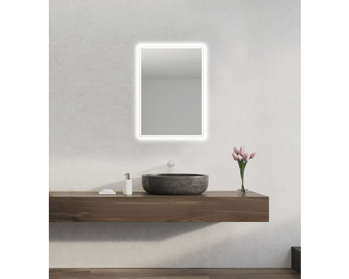 Salle de bains avec miroir, lavabo, vasque à poser et décoration