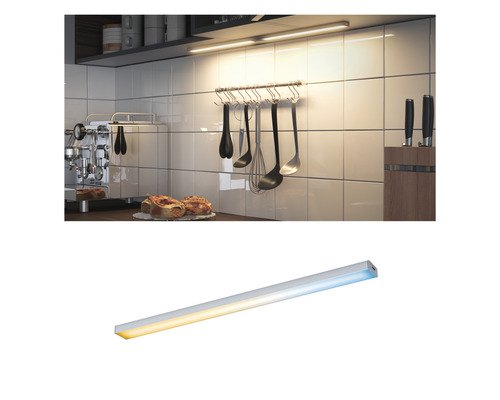 Scène de cuisine avec luminaire sous meuble à LED pour l''éclairage du plan de travail.
