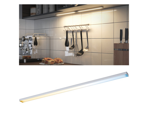 Scène de cuisine avec luminaire LED sous meuble pour éclairage du plan de travail et gros plan d''un seul luminaire LED