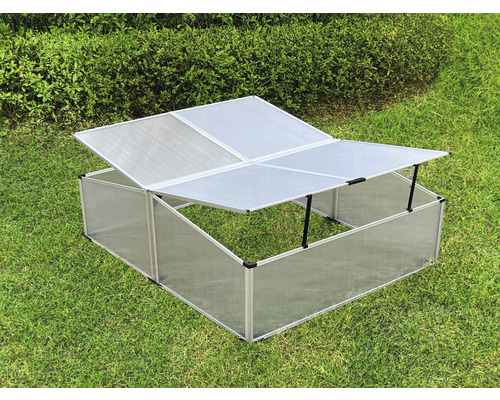 Parterre surélevé avec plaques en polycarbonate et couvercle ouvrant sur pelouse