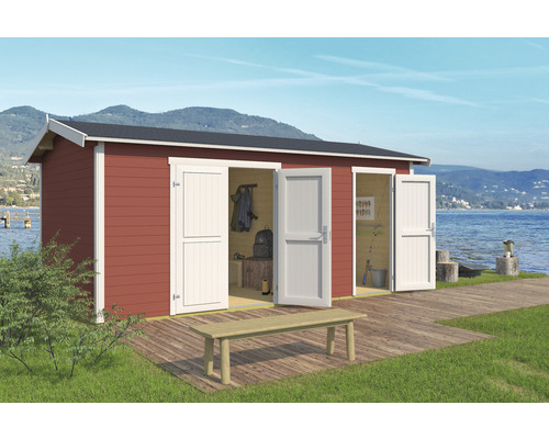 Abri de jardin Outdoor Life Tuvalu avec plancher 540 x 331,2 cm rouge suédois Abri de jardin en bois avec portes doubles et banc devant un lac