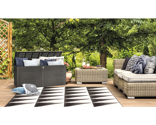 Scène de jardin avec un coffre de rangement, une table, un canapé et un tapis sur une terrasse en bois